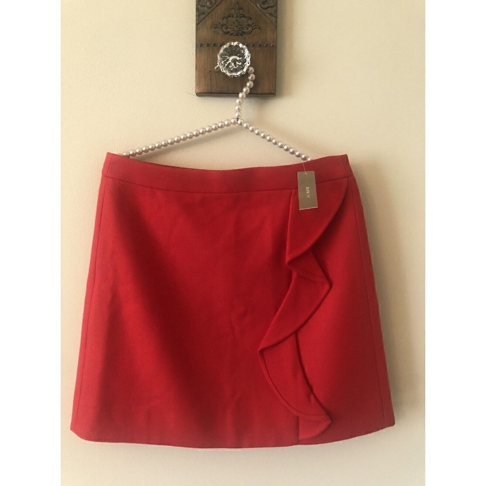 NWT JCrew Womens Size 8 Red Wool A Line Mini Skirt Side Ruffle